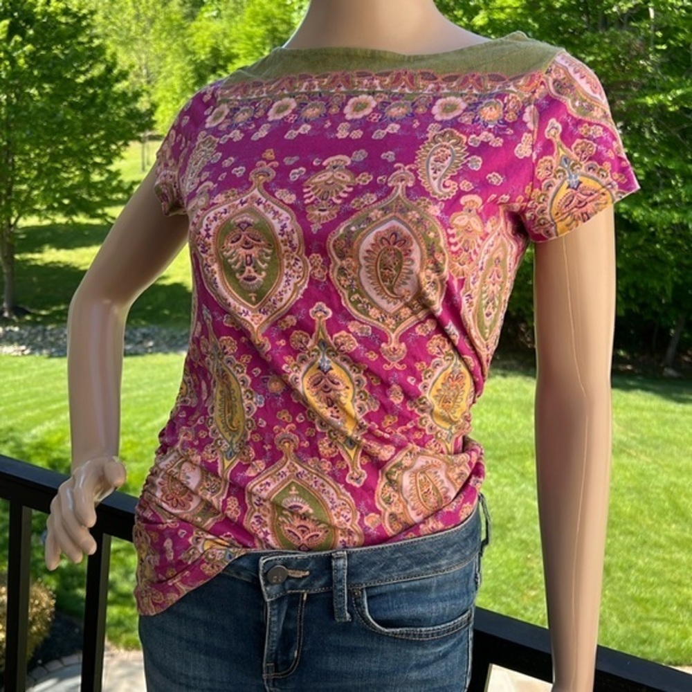 LRL pink/green Boho floral paisley, ruched sides T-shirt SZ S